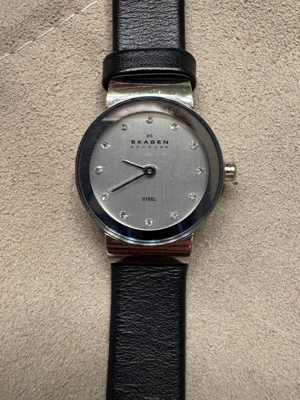 Skagen Silver Dial Watch with Black Leather Strap